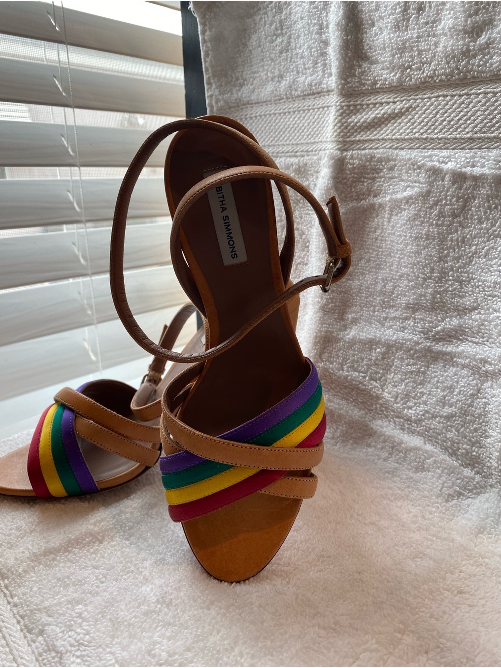 Tabitha Simmons Tan Sandals with Rainbow Straps